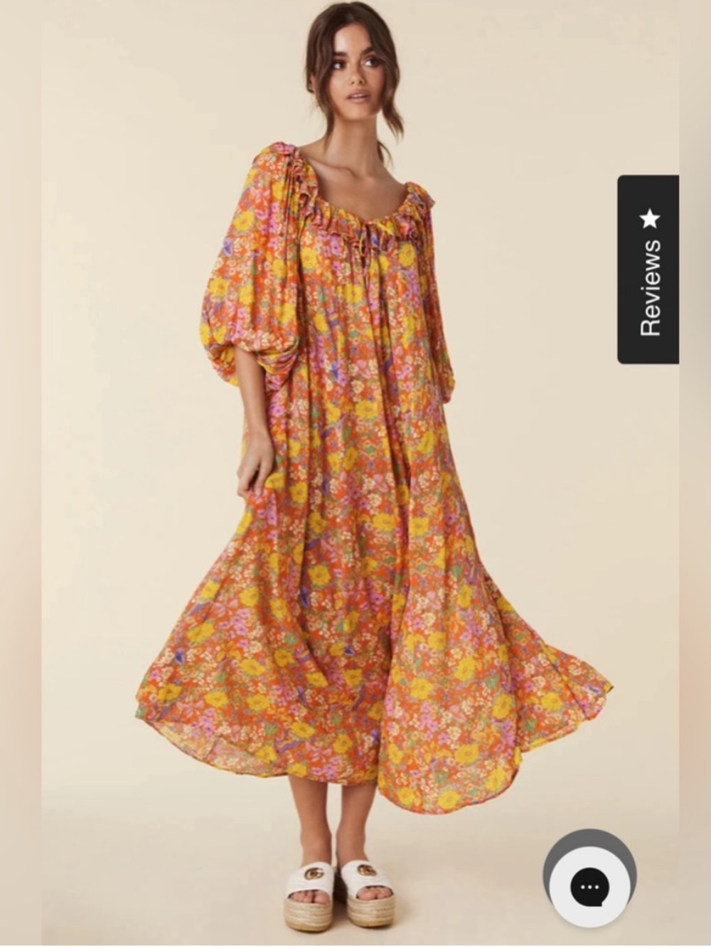 Spell Coral Floral Ruffle Midi Sun Dress with Puff Sleeves Large